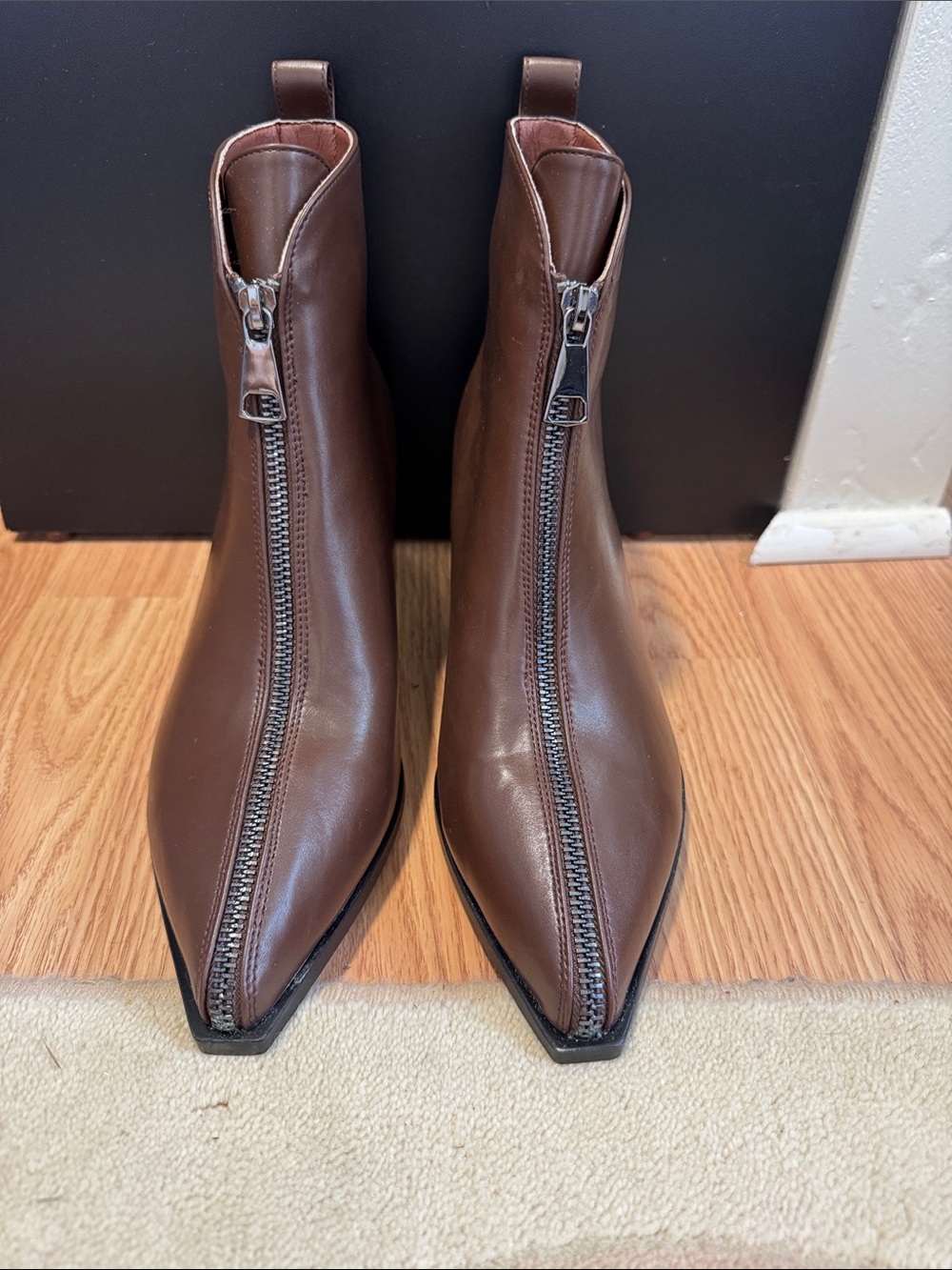 Women's Brown Front-Zip Pointed Ankle Booties